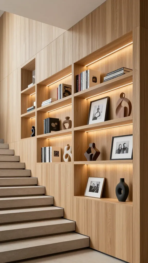 A high-quality, realistic photo capturing a modern, elegant interior design. The focal point is a sophisticated staircase with minimalist floating treads ascending gracefully. The entire full-height wall alongside the staircase is adorned with seamless, light oak wood paneling, featuring subtle vertical grooves for texture. Integrated directly into this paneling are meticulously crafted recessed shelves of varying dimensions, forming a cohesive, built-in display system. These shelves are thoughtfully styled with a curated collection of hardback art books, small abstract ceramic sculptures in earthy tones, and a few elegant, framed black-and-white family photographs. Each shelf is subtly illuminated by warm LED strip lighting embedded within its top edge, creating a dramatic, soft glow that highlights the displayed objects and enhances the architectural detail. The overall atmosphere is refined, functional, and gallery-like, showcasing a perfect blend of modern aesthetics and personal curation. No text on image.