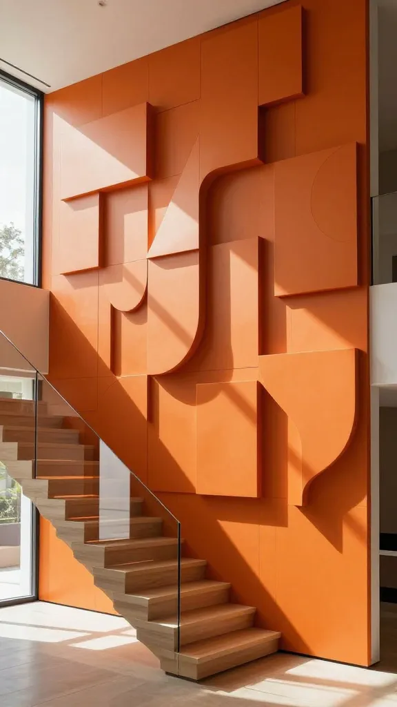 A high-angle, realistic architectural photograph captures a sleek, modern staircase in a contemporary, minimalist home. The expansive wall alongside the staircase is entirely clad with bold 3D geometric sculptural panels. These panels feature complex, interlocking abstract shapes that protrude significantly from the wall, creating a dynamic, undulating surface. The entire paneling is painted a striking, uniform burnt orange color. Natural light streams in from a large window, casting dramatic, sharp shadows across the textured surface, intensely emphasizing the three-dimensionality and sculptural quality of the panels. The staircase itself features minimalist floating wooden steps and a clear glass railing, perfectly complementing the modern art installation feel of the wall. No text.