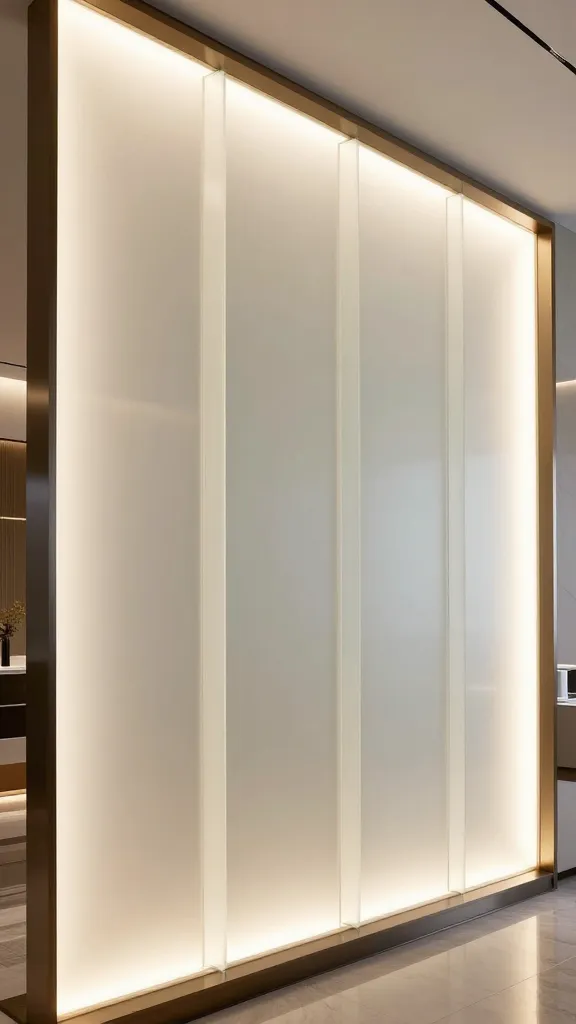 A high-resolution, realistic photograph showcasing a modern, elegant staircase in a contemporary luxury home. A significant section of the staircase wall is adorned with large, vertically oriented backlit translucent frosted glass panels. Soft, warm white LED lighting emanates from behind each panel, creating an ethereal, inviting glow that beautifully illuminates the stairwell and surrounding space. The panels are impeccably framed with a sleek, minimalist dark bronze metal trim, emphasizing their clean lines and sophisticated design. The light casts a gentle, magical ambiance, transforming the staircase wall into a beacon of modern artistry and light. The interior design is sophisticated and understated, allowing the glowing wall panels to be the undeniable focal point. Sharp focus, exquisite detail, natural light blending with the panel illumination.