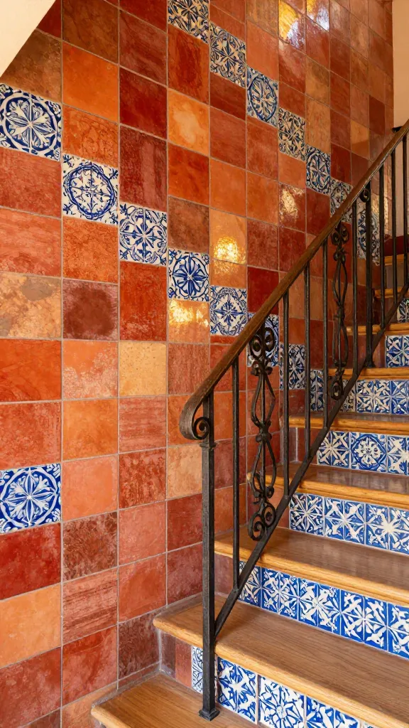 A realistic, high-quality photograph of a Mediterranean-inspired staircase, showcasing detailed wall paneling. The staircase wall is entirely paneled with a blend of warm terra cotta tiles in varying shades of red, orange, and earthy brown, interspersed with sections of vibrant hand-painted blue and white patterned ceramic accent tiles. The tiles have a rustic, slightly textured finish, reflecting a sun-drenched warmth. An elegant wrought iron railing with classic scrollwork runs alongside natural, polished light wood steps. Soft, golden natural light illuminates the scene, highlighting the rich textures and creating a cozy, global-inspired aesthetic with a sense of history. Professional interior photography. No text.