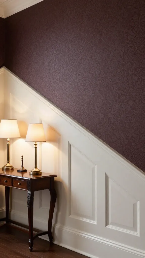 A high-quality, realistic interior design photograph showcasing an elegant traditional staircase wall. The lower half of the wall features exquisite raised panel wainscoting painted in a classic off-white, highlighting its multi-dimensional panels and refined beveled edges. Above the wainscoting, the upper wall is adorned with a rich, subtly patterned wallpaper in a deep, complementary tone, creating a sophisticated contrast. Against the wainscoting, a dark wood traditional console table is positioned, flanked by a pair of matching elegant lamps casting a warm, inviting glow. The scene is bathed in soft, ambient light, emphasizing the architectural value and established feel of the space. No text.