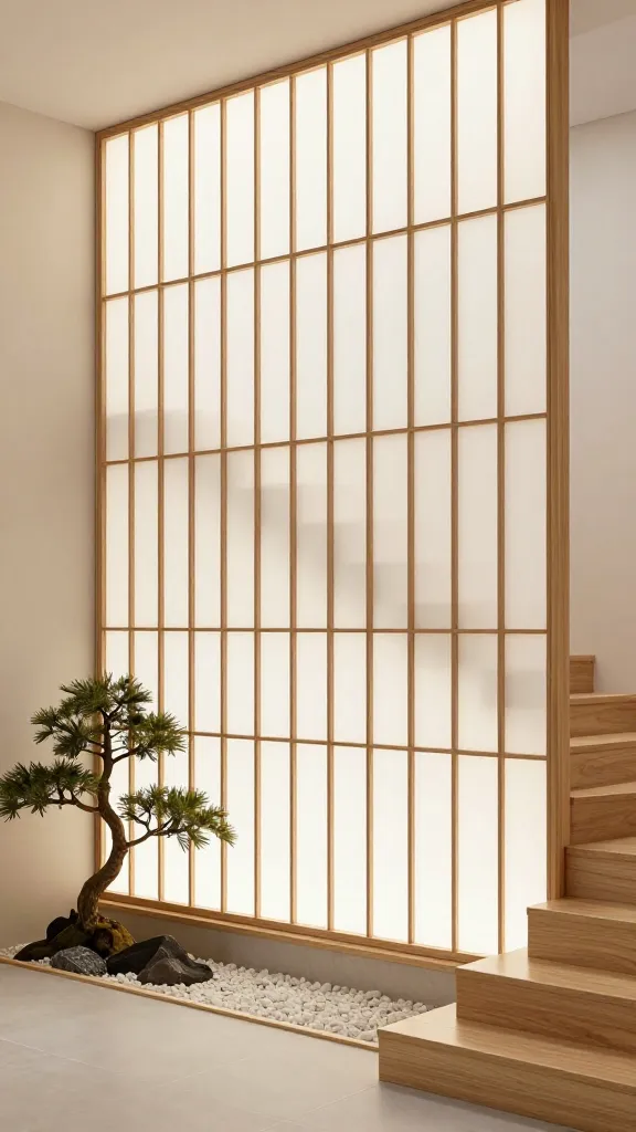 A high-quality, realistic interior photograph showcasing a Japandi Zen staircase. The prominent feature is the wall paneling, composed of elegant shoji-inspired screens. These screens feature slender, light-toned wood frames, like birch or bamboo, forming a clean grid, filled with translucent, light-diffusing inserts that mimic traditional rice paper or frosted acrylic. The paneling extends vertically along the entire stairwell, casting a soft, serene glow. At the base of the minimalist, light wood staircase, a small, artfully arranged pebble garden is visible, featuring a delicate bonsai tree. The surrounding decor is kept simple and organic, with a muted color palette of natural woods, soft whites, and creams, emphasizing tranquility and understated elegance. Natural light softly illuminates the space, highlighting the subtle textures and peaceful atmosphere.