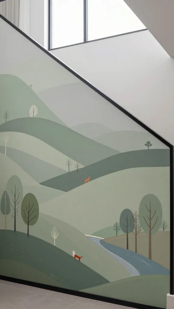 A high-quality, realistic photo of a modern, elegant staircase featuring flat, seamless wall panels along its entire ascent. The panels are meticulously painted with a continuous, whimsical landscape mural, rendered in a sophisticated matte finish. The mural depicts rolling hills in muted sage greens and soft grays, stylized slender trees in a lighter green, and a gentle, winding river in a dusty blue, with subtle terracotta and cream accents. Playful, minimalist silhouettes of woodland animals like a fox and a deer are subtly integrated into the landscape, creating a sense of serene artistry. Natural light from a large window softly illuminates the matte surface, highlighting the hand-painted texture and creating an art-gallery ambiance. A sleek, minimalist black metal railing runs alongside the mural. The overall scene exudes personalized artistic expression, transforming the staircase into a unique and elegant focal point within a contemporary home. Shot from a slightly upward perspective, showcasing the continuous flow of the mural.