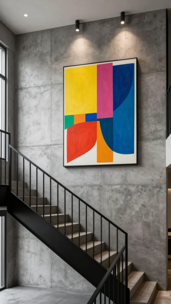 A high-angle, realistic, professional interior photograph of a modern urban loft staircase. The prominent staircase wall is clad in concrete-effect panels, showcasing a raw, textured finish with varying shades of grey, from light ash to dark charcoal, creating an industrial chic aesthetic. The staircase features sleek black metal railings. Minimalist lighting, such as recessed ceiling lights or simple wall sconces, illuminates the space. A vibrant, large-scale abstract artwork in bold primary colors hangs prominently on one of the concrete-effect panels, providing a striking pop of color against the monochromatic backdrop. The overall scene exudes a cool, edgy, and sophisticated contemporary vibe, typical of a high-end loft.
