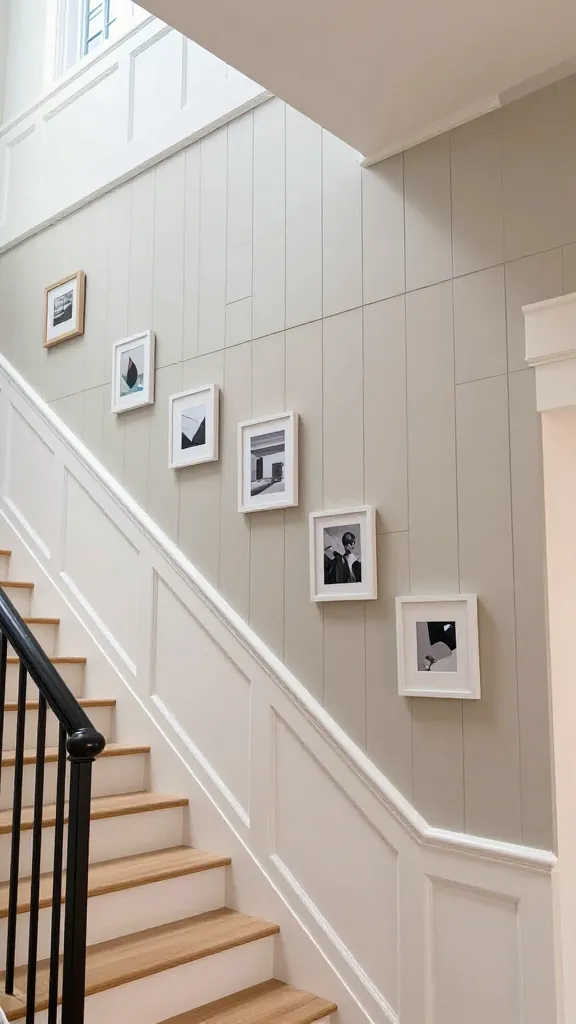 A high-angle, realistic photo looking up a modern, well-lit staircase in a stylish home. The prominent staircase wall features an eclectic mix-and-match paneling design. The lower half of the wall is adorned with classic white wainscoting, complete with a detailed dado rail. Above the dado rail, the upper half transitions into vertical shiplap paneling, painted in a soft, complementary neutral tone. Interspersed within the shiplap and larger flat painted sections are small, artfully arranged geometric panels, creating a dynamic visual texture. Several framed photographs and small abstract art pieces are seamlessly integrated into the paneling design, appearing flush and part of the overall wall composition. The staircase itself has light wooden treads and a sleek metal handrail. Natural light streams in from an unseen window, highlighting the diverse textures and personalized elements of the wall. No text.