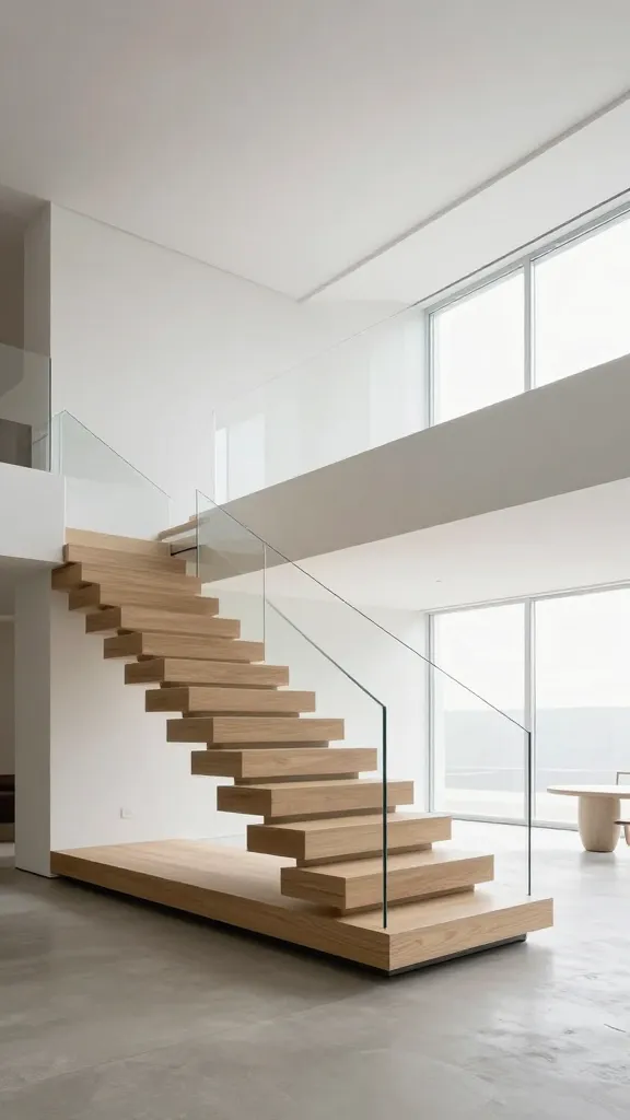 A high-quality, professional wide-angle architectural photograph of a modern minimalist living space. The focal point is a stunning floating staircase with pale light oak treads cantilevered directly from a pristine white wall. The stairs feature no visible risers, enhancing their ethereal lightness and creating an illusion of space. A sleek, frameless glass railing extends from floor to ceiling, providing an unobstructed view and contributing to the open, expansive elegance of the room. Natural light floods the space from large, uncluttered windows, highlighting the clean lines and sophisticated simplicity. The surrounding decor is kept to an absolute minimum, with polished concrete flooring and perhaps a single, subtly sculptural piece of furniture or art, ensuring the staircase remains the central architectural feature.