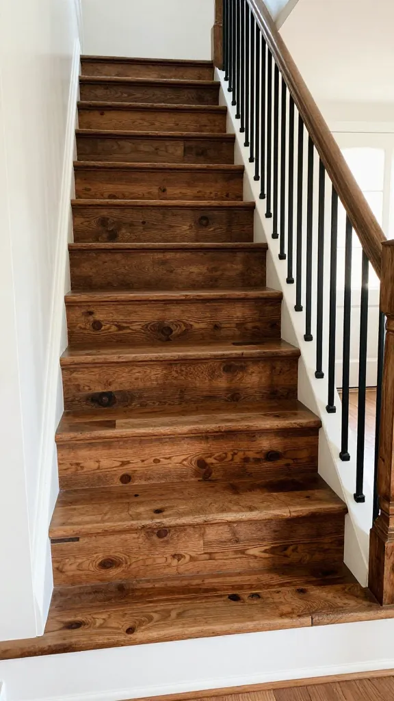 A high-quality, realistic photograph showcasing a rustic farmhouse staircase in a charming, inviting home. The wide treads are crafted from richly textured, weathered reclaimed wood planks, displaying their natural grain, knots, and a sense of history. Each riser is painted a classic, crisp white, creating a striking and clean contrast against the dark, characterful wood. The sturdy railing features sleek, matte black iron balusters, providing a timeless and robust feel. Warm, soft natural light streams into the space, highlighting the cozy, lived-in atmosphere and inviting comfort of a storybook country home.