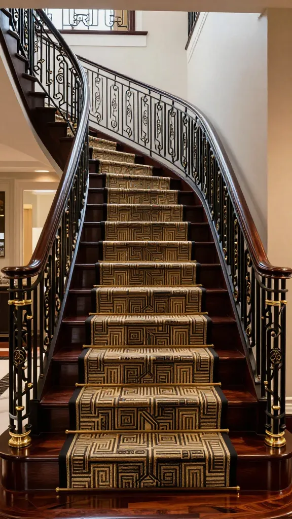 A grand, opulent Art Deco staircase, a true showstopper in a luxurious home foyer. The wide treads are crafted from dark, highly polished mahogany wood, reflecting ambient light with a rich sheen. Each riser is meticulously adorned with intricate geometric pattern wallpaper in a sophisticated palette of metallic gold, deep black, and creamy ivory. The elegant railing is a masterpiece of dark wrought iron, featuring elaborate geometric scrollwork and brass finials, ascending gracefully to a landing. Dramatic, warm lighting highlights the rich textures and striking patterns of the staircase. High-resolution, realistic architectural photography, sharp focus, luxurious ambiance, no text.
