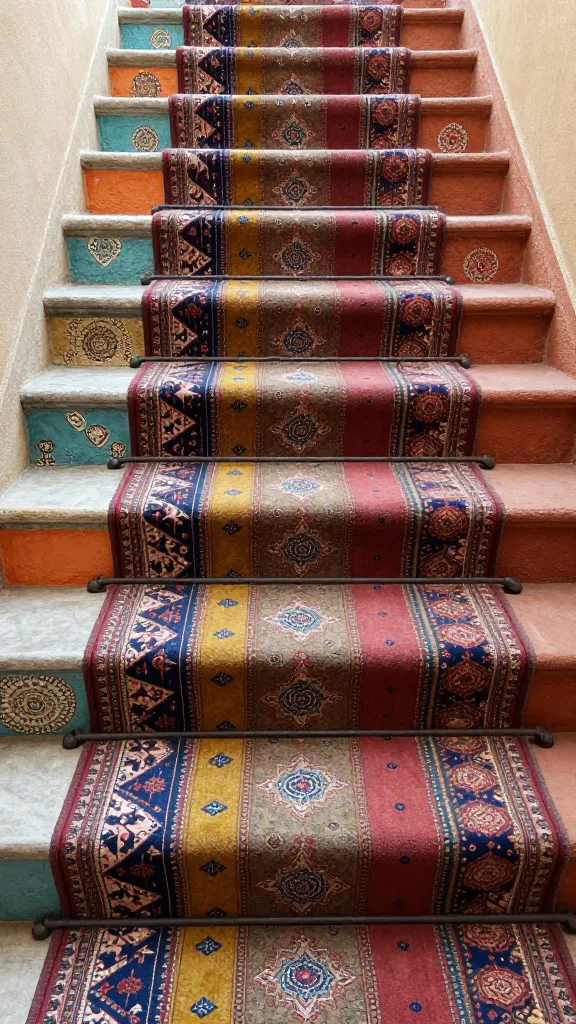 A realistic, high-quality photograph showcasing a vibrant and eclectic bohemian staircase. A richly patterned, multi-colored Persian or Moroccan stair runner cascades down the steps, serving as a striking focal point. Each stair riser is uniquely adorned, featuring a mix of treatments: some are painted in warm, earthy solid colors, others display intricate small stenciled patterns like mandalas or global motifs, and a few are creatively decoupaged with an assortment of textured fabric scraps. The overall design creates a wonderfully layered, expressive, and free-spirited atmosphere, blending global influences with a relaxed, inviting aesthetic. Soft, diffused natural light highlights the diverse textures and patterns, captured with sharp focus and exceptional detail.