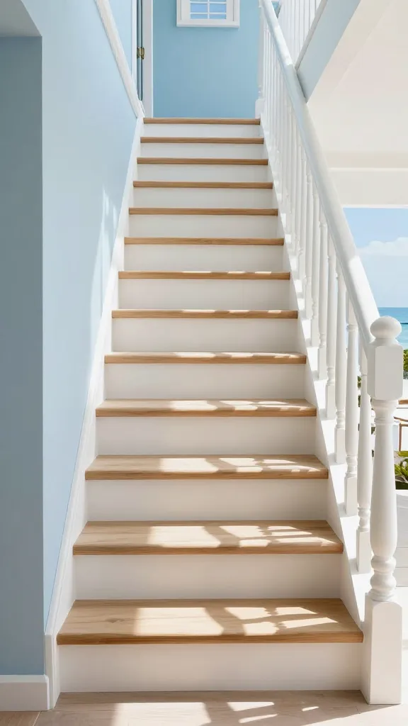 A high-quality, realistic photo of an elegant coastal-themed staircase bathed in abundant natural sunlight. The staircase features wide, light, bleached wood treads and crisp white risers that reflect maximum light. The banister and balusters are painted a clean white, contributing to the airy feel. Surrounding walls are painted in soothing shades of soft blue and natural sandy tones, subtly complementing the seaside aesthetic. The scene evokes a tranquil, effortlessly chic atmosphere reminiscent of a sun-drenched beach home, inviting and perpetually relaxed. No text.