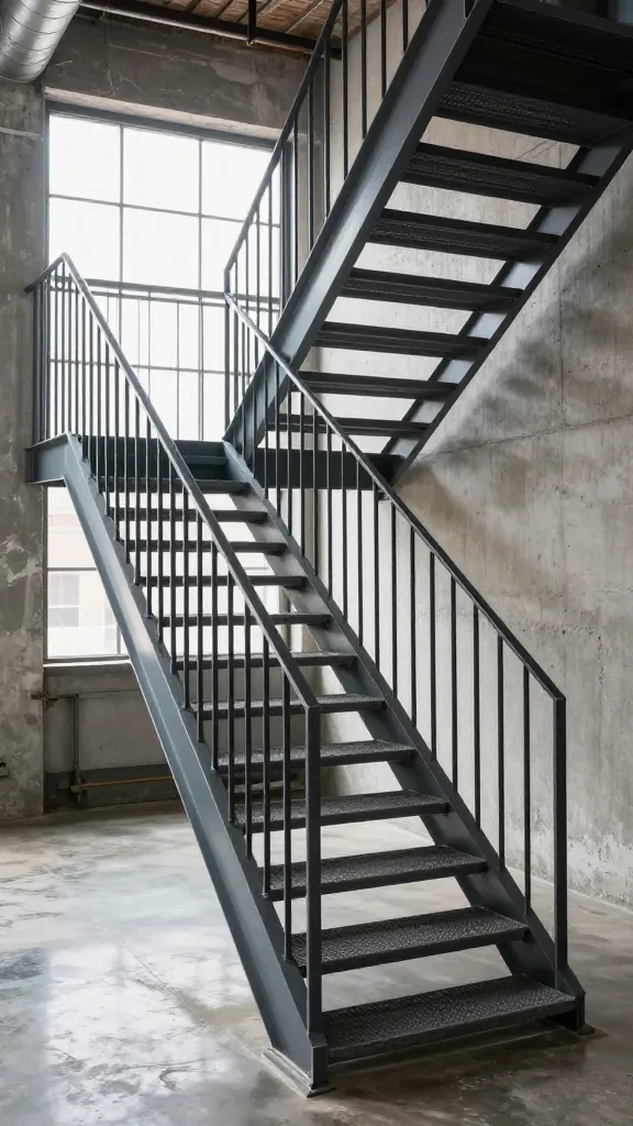 A realistic, high-quality photograph showcasing a striking industrial-edge staircase as the focal point within a large, sunlit urban loft. The staircase features robust dark grey metal grating treads with open risers, creating a transparent and airy yet rugged ascent. A sleek, matte black steel railing with minimalist vertical balusters and a clean, square-profile handrail runs alongside. The staircase is set against a backdrop of an exposed concrete wall on one side and a large, multi-pane industrial window on the other, flooding the space with natural light. Below, a polished concrete floor reflects the light, while subtle hints of exposed metal ductwork and high ceilings are visible above. The overall aesthetic is raw, utilitarian, and sophisticated, celebrating urban textures. No text.