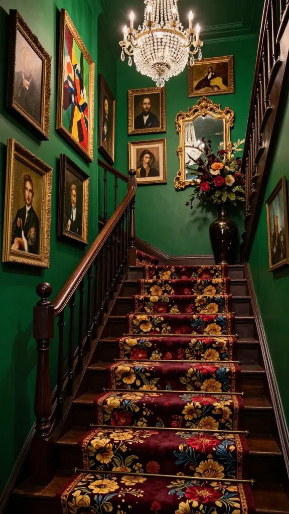 A high-quality, realistic photograph of a grand staircase designed in a Moody Maximalist Drama style. The stairwell walls are painted a deep, saturated emerald green. Each stair riser is covered in a bold, large-scale floral patterned wallpaper featuring rich jewel tones like deep reds, golds, and blues against a dark background. The stair treads and handrail are made of dark, polished mahogany wood. Along the emerald green wall, a curated gallery wall displays an opulent collection of ornate framed antique portraits and dramatic abstract art. A plush, jacquard patterned stair runner in deep burgundy and gold flows up the stairs. On a landing, a large, ornate gilded mirror reflects the dramatic space, flanked by tall, dark ceramic vases holding lush, dark floral arrangements. A multi-tiered crystal chandelier hangs majestically in the stairwell, casting dramatic, atmospheric light that highlights the opulent textures and rich colors. No text.