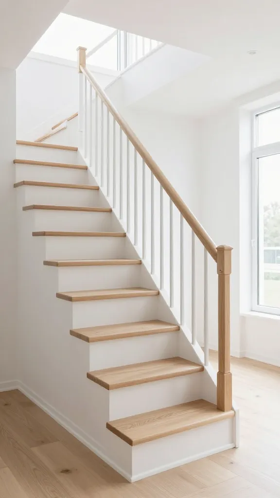 A realistic, high-quality photograph of a minimalist Scandinavian staircase in a serene home interior. The staircase features light ash wood treads, subtly whitewashed to reveal natural grain, perfectly paired with crisp white risers. A sleek, simple balustrade with slender white vertical spindles and a matching light wood handrail ascends gracefully. Abundant natural light streams in from a large window, illuminating the space and enhancing the bright, airy feel. The surrounding walls are painted a clean white, and the adjacent flooring is light, natural wood. The overall composition emphasizes clean lines, functionality, and a calm, refreshing Nordic aesthetic. No text on image.