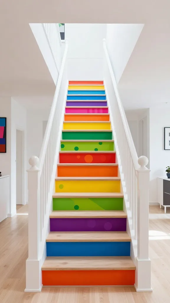 A vibrant, playful staircase in a modern, minimalist home, showcasing a bold Pop Art aesthetic. Each riser is painted a different, highly saturated, bright color (e.g., fuchsia, electric blue, lime green, sunny yellow, vivid orange, royal purple), creating a dynamic rainbow effect. Overlaid on each colorful riser is a distinct, contrasting graphic stencil pattern, such as large polka dots, bold stripes, or stylized geometric shapes, adding to the energetic visual rhythm. The treads, handrail, and newel posts are a clean, crisp white, providing a stark contrast that makes the risers the undeniable focal point. The surrounding interior features pristine white walls and light-colored wooden flooring, with minimal, modern decor that complements the playful vibe without distraction. Abundant natural light streams into the space, enhancing the vividness of the colors and the sharpness of the patterns. High-resolution, realistic photograph, wide-angle shot.