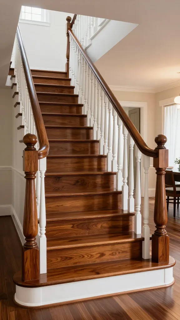 A high-quality, realistic photo capturing a grand, timeless traditional staircase ascending gracefully within a spacious, well-appointed entrance hall. The staircase features richly polished dark mahogany wood treads that exude warmth and sophistication, beautifully contrasted with classic white risers. Intricately carved white balusters support a sleek, dark mahogany handrail and substantial, matching dark mahogany newel posts at the base. The overall design conveys enduring elegance and a stately, welcoming entrance. Soft, warm natural light streams in, highlighting the refined details and the impeccable polish of the materials.