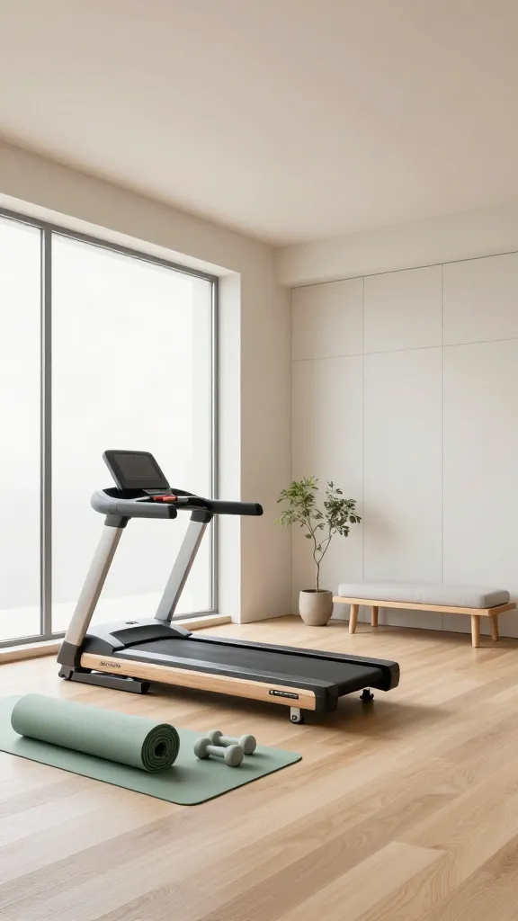 A high-quality, realistic photograph of a luxurious, minimalist home gym designed as a Zen sanctuary. The spacious room features impeccable clean lines, light natural maple wood flooring, and smooth walls painted in soft creamy off-white. Large, unobstructed windows bathe the space in abundant natural light, creating a profound sense of calm. A sleek, high-end treadmill with subtle light wood accents is positioned facing the view, alongside a neatly rolled sage green yoga mat and a few minimalist pale grey dumbbells. Built-in, flush cabinetry in a matching off-white blends seamlessly into the walls, providing hidden storage and maintaining the clutter-free environment. A small, elegant birch wood meditation bench with a soft pale grey cushion sits in a quiet corner, accompanied by a single delicate potted plant. The overall atmosphere is one of serene tranquility, sophisticated design, and intentional simplicity, emphasizing natural materials and a soothing color palette. Bright, even lighting highlights the pristine surfaces and textures.
