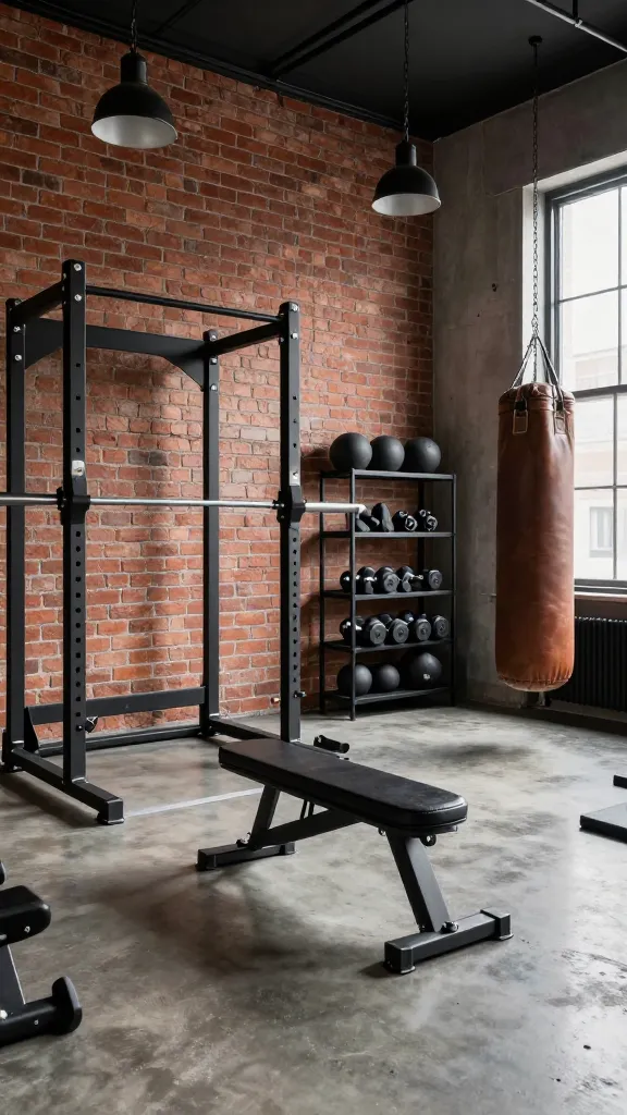 A high-quality, realistic interior photograph of a luxurious home gym designed in an industrial chic loft style. The spacious room features prominent exposed red brick walls and a polished concrete floor. Sleek, modern gym equipment, including a black metal squat rack, weight bench, and various dumbbells, are meticulously arranged, all incorporating stylish black metal accents. A prominent vintage-style brown leather punching bag hangs in a corner, adding an urban edge. Black metal shelving units display organized fitness accessories, and industrial-style black metal pendant lights provide ambient illumination. The overall aesthetic is one of cool, urban sophistication, evoking a high-end studio in a bustling metropolis. Natural light streams in from large windows, highlighting the raw materials and edgy design. No text.
