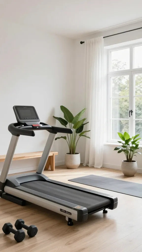 A high-quality, realistic photo of a luxurious Scandinavian home gym, showcasing white walls and light-colored wood flooring. Abundant natural light streams in through a large window, diffused by sheer linen curtains. The space is uncluttered and serene, featuring minimalist, functional fitness equipment in neutral tones (such as a sleek light wood or white treadmill, neatly stacked dumbbells, and a yoga mat). A simple wooden bench sits against a wall, accompanied by a few carefully chosen ceramic planters holding vibrant green foliage, adding a touch of nature and warmth to the effortlessly chic environment. The overall aesthetic is calming, inviting, and perfectly balanced between hygge comfort and functional fitness.