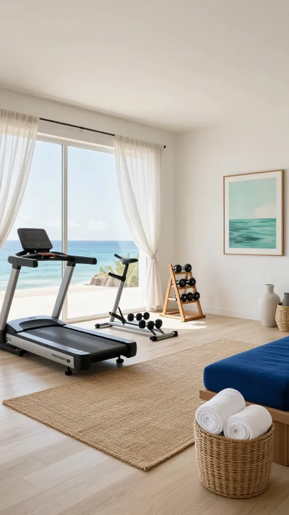 A wide-angle, high-resolution photograph of a luxurious, coastal-themed home gym bathed in bright natural light. Large windows are adorned with sheer, light linen drapes gently swaying, revealing a serene outdoor view. The walls are painted a crisp white, contrasting with a soft sand beige engineered wood floor. Modern, sleek exercise equipment, including a minimalist treadmill and a set of designer dumbbells on a wooden rack, is arranged neatly. A plush, textured jute rug defines the central workout area. Woven rattan storage baskets are strategically placed, holding neatly rolled white towels. Accents of deep ocean blue appear in a comfortable upholstered bench and a few decorative ceramic pieces, while a subtle touch of soft seafoam green is visible in a framed abstract art piece on the wall. The overall ambiance is light, airy, tranquil, and invigorating, mimicking a high-end beach house studio.