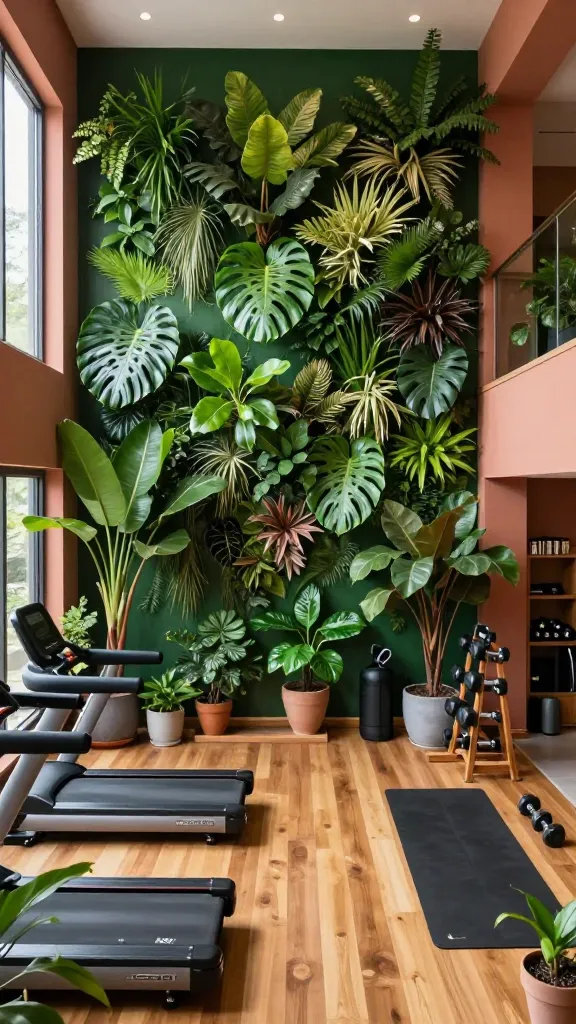 A high-angle, realistic photo of a luxurious home gym designed as an 'Urban Jungle Escape'. The room features a prominent deep forest green accent wall adorned with a vibrant, floor-to-ceiling living wall, overflowing with diverse species of lush green plants. The other walls are painted in a soft, earthy terracotta, complementing the natural biophilic theme. The flooring is made of warm, polished natural wood planks. Abundant potted plants of varying sizes and species are strategically placed throughout the space, including large floor-standing plants like Monstera and Fiddle Leaf Figs, and smaller plants on natural wood shelving units. High-end, sleek black and chrome gym equipment, including a modern treadmill, a set of dumbbells on a wooden rack, and a yoga mat, are artfully arranged. Natural light streams in from a large window, illuminating the rich textures and vibrant greenery. The overall atmosphere is serene, oxygen-rich, and high-end. No text.