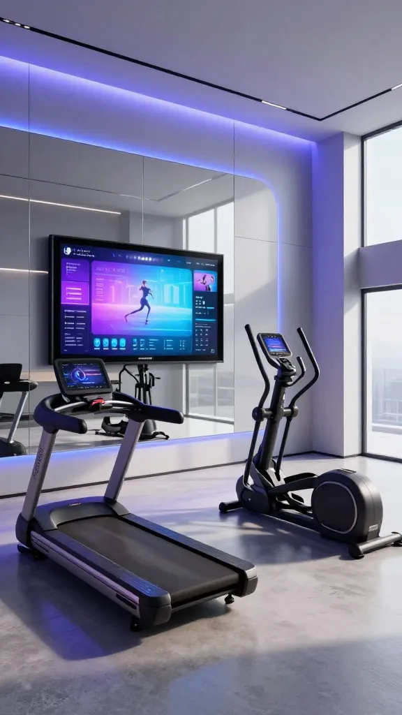 A wide, high-angle shot of a luxurious, futuristic home gym designed with minimalist elegance. A large, frameless smart mirror, displaying a vibrant, interactive workout interface, dominates one sleek, light grey wall. Ultra-modern fitness equipment, including a treadmill and an elliptical with matte black and brushed chrome finishes and integrated touchscreens, is meticulously arranged on a polished, seamless concrete floor. Hidden storage panels blend seamlessly into the walls, maintaining a clutter-free environment. Dynamic, color-changing LED strip lighting emanates from coves in the ceiling and along wall edges, casting a sophisticated cool blue and purple glow that enhances the high-tech atmosphere. Sunlight streams gently through a large, minimalist window, softly illuminating the high-quality textures. The overall aesthetic is clean, innovative, and exceptionally high-end. Realistic photo, professional interior photography style, no text.