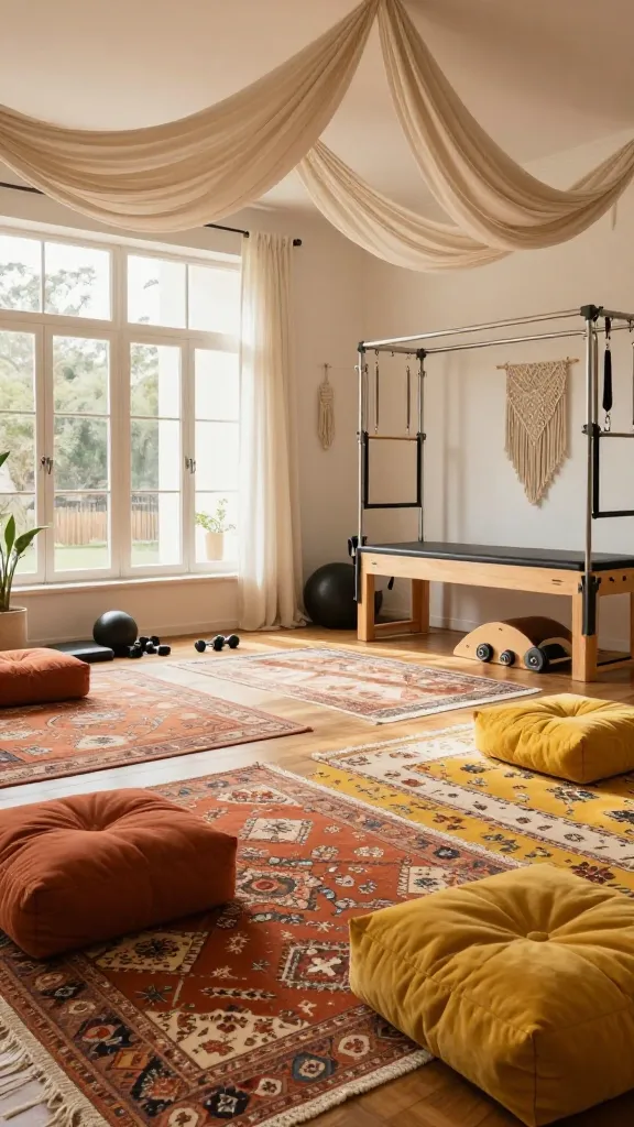 A high-quality, realistic photograph of a luxurious boho-chic home gym, bathed in soft, warm natural light streaming through large windows. The spacious room features rich, warm wood floors layered with multiple patterned Moroccan rugs and vibrant kilim runners in terracotta, mustard yellow, and cream hues. Intricate macrame wall hangings and elegantly draped, flowing cream textiles adorn the walls, adding a sense of movement and artistry. Several plush, inviting floor cushions in terracotta and mustard yellow are scattered across the rugs. Minimalist, high-end gym equipment crafted from natural wood and matte finishes, such as a sleek wooden Pilates reformer or a set of designer dumbbells, is subtly integrated, blending seamlessly with the relaxed, eclectic decor. The overall aesthetic is free-spirited, comfortable, and encourages joyful movement and self-expression within a serene wellness space. No text.
