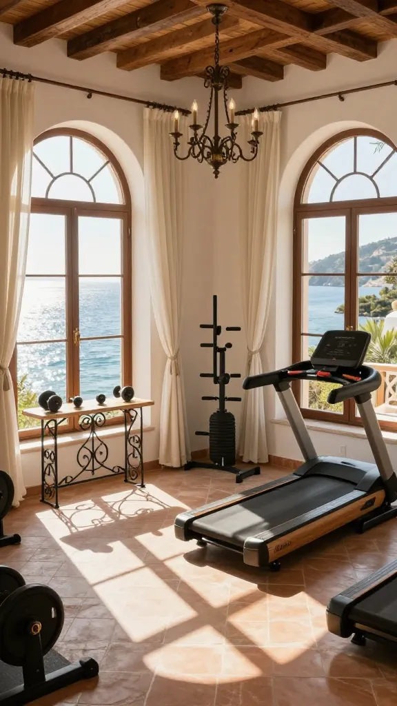 A high-angle, wide shot of a luxurious home gym designed with a Mediterranean villa aesthetic. Warm, natural sunlight floods the room through large arched windows, revealing a breathtaking view of the sparkling, sun-drenched sea and distant coastline. The floor is paved with warm terracotta tiles, complementing the creamy white stucco-textured walls. Elegant wrought iron details are incorporated into a decorative console table displaying minimalist hand weights and a stylish hanging chandelier. Modern, high-end gym equipment, including a sleek wooden treadmill and a refined weight rack, are subtly integrated into the serene, timeless space. Light, airy sheer curtains are gently drawn back from the windows, enhancing the natural light. The scene exudes warmth, natural elegance, and a sense of permanent escape, captured in a realistic, high-quality photograph.
