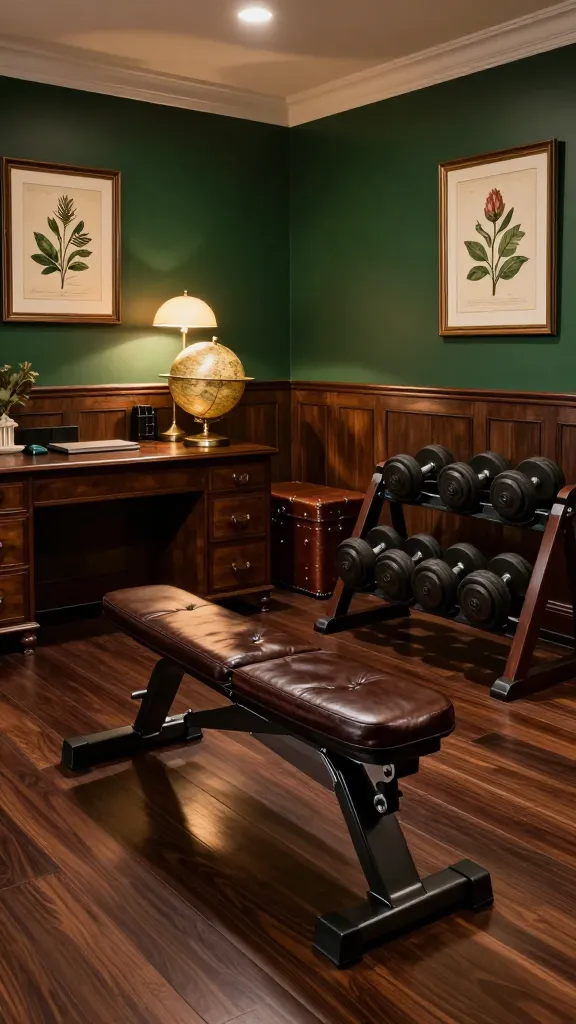 A wide-angle, high-resolution photograph of a luxurious home gym designed in a sophisticated dark academia style. The room features rich, dark wood paneling on the lower walls, complemented by a deep forest green paint on the upper sections. A sturdy, elegant dark wooden weight bench with a tufted deep brown leather cushion is centrally placed. Nearby, a set of classic, high-quality dumbbells are neatly arranged on a matching dark wood rack. In the background, a vintage brass globe sits on a polished wooden desk, flanked by framed antique botanical prints on the wall. A vintage-style leather storage chest is positioned in a corner. Soft, warm ambient lighting emanates from hidden sources and a classic desk lamp, casting a focused, intellectual glow over the space. The floor is dark polished hardwood. The atmosphere is cultured, intensely focused, and exuding both brains and brawn.
