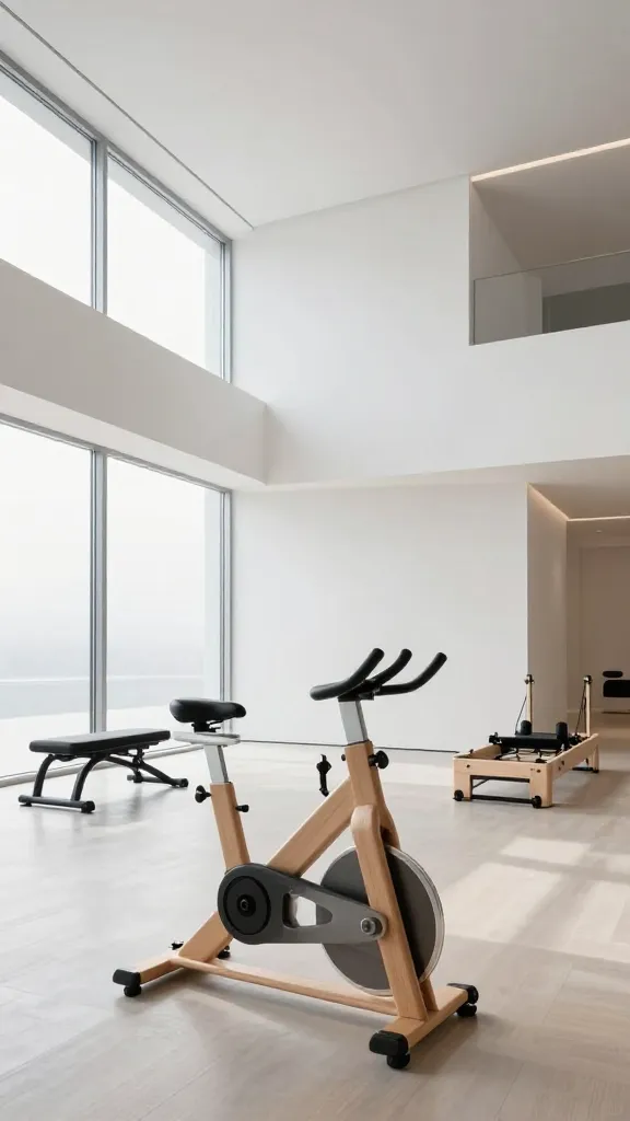 A wide-angle, high-resolution photograph of a minimalist, luxury home gym designed like a contemporary art gallery. The expansive walls are pristine white, accentuating the clean lines and open space. Sleek, designer fitness equipment is meticulously arranged, each piece appearing as a modern sculpture. In the foreground, a beautiful, light-toned wooden Peloton Bike (or similar high-design stationary bike) stands prominently, its elegant form catching the light. Other minimalist exercise tools, such as a sleek black weight bench or a refined reformer, are strategically placed further back, maintaining the artistic aesthetic. The flooring is polished light concrete or pale wood, reflecting the abundant natural light streaming in from large, frameless windows. Subtle, recessed architectural lighting further highlights the sculptural quality of the equipment. The overall atmosphere is serene, sophisticated, and ultra-modern, emphasizing form, function, and visual stunningness. No people or text are present.