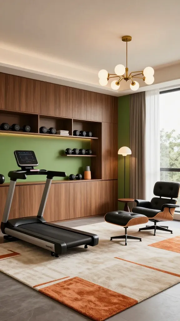 A high-end, luxurious home gym meticulously designed in a Mid-Century Modern style. The space features a prominent wall of sleek teak wood cabinetry and integrated shelving, displaying neatly organized dumbbells and fitness accessories. A large area rug with a subtle geometric pattern in shades of cream and burnt orange anchors the workout zone, which includes a minimalist, high-tech treadmill and a stylish, low-profile weight bench. One accent wall is painted in a sophisticated avocado green, providing a vibrant pop of retro color. In a dedicated corner, a classic Eames Lounge Chair and Ottoman in black leather offers a chic resting spot, accompanied by a small, round walnut side table. The room is illuminated by warm, natural light streaming through large windows, complemented by a sculptural Sputnik chandelier and a sleek floor lamp. The overall aesthetic is clean, sophisticated, and inviting, blending iconic mid-century design elements with modern fitness functionality. High-quality interior design photography, realistic, no text.