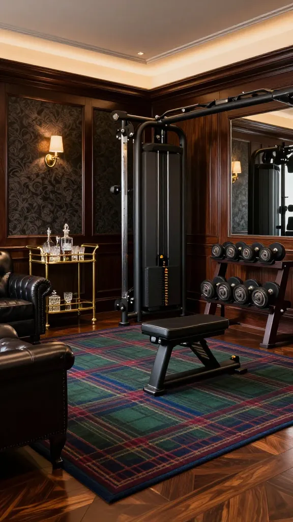 A wide-angle, high-resolution photograph of a luxurious home gym, meticulously designed in the style of a classic gentleman's club. The walls are adorned with rich, dark wood paneling, complemented by areas of deep, textured wallpaper in a subtle, sophisticated pattern. A plush dark leather armchair and a matching leather bench offer comfortable seating. In a corner, an elegant brass bar cart, subtly styled with decorative decanters and crystal glasses, adds to the refined ambiance. A large, classic tartan rug in deep greens, blues, and burgundies grounds the space, laid over a polished dark hardwood floor. Integrated seamlessly are high-end, sleek black and chrome gym equipment, including a sophisticated multi-station cable machine and a set of designer dumbbells neatly arranged on a dark wooden rack. Soft, warm ambient lighting, emanating from brass wall sconces and a discreet ceiling fixture, accentuates the textures and materials, creating an atmosphere of masculine elegance, serious training, and luxurious comfort.