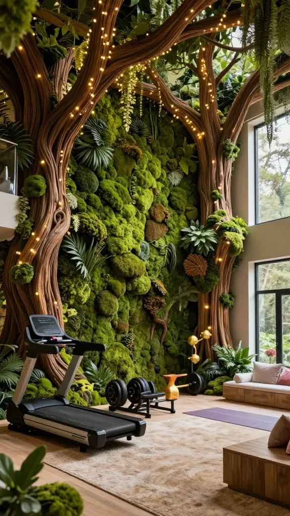 A high-end, luxurious home gym designed as an enchanted forest, featuring a magnificent, floor-to-ceiling moss wall vibrant with deep moss greens and earthy browns. Graceful, tree-like structural elements crafted from rich, natural wood tones ascend towards the ceiling, intricately woven with delicate, warm fairy lights that cast a soft, magical glow throughout the space. Sleek, modern fitness equipment, including a high-tech treadmill and a set of designer free weights, is strategically placed, subtly incorporating shimmering gold accents. Organic textures abound, from a plush, natural fiber rug to wooden storage units. Soft fairy-tale pastels subtly appear in a yoga mat and decorative cushions on a comfortable seating area, adding to the whimsical, uplifting atmosphere. The room is bathed in a mix of natural light from large windows and the ambient fairy light glow, presented as a realistic, professional interior photograph with no text.