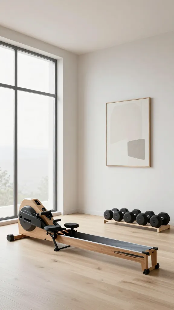 A high-quality, realistic photograph of a minimalist home gym, designed as a serene Zen sanctuary. Abundant, soft natural light floods the space through large windows, highlighting the clean lines and uncluttered environment. The color palette consists of soothing neutrals: soft white walls, light gray accents, and muted beige details. The floor is covered in elegant light wood. Prominently featured is a sleek, aesthetically pleasing wooden rowing machine, alongside a set of matte black dumbbells neatly arranged on a minimalist rack. A single, calming piece of abstract art in muted tones subtly adorns one wall, enhancing the peaceful atmosphere. The overall feeling is one of clarity and mindful movement. No text.
