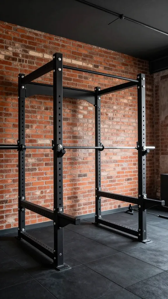 A high-quality, realistic photo of a functional, industrial-themed home gym. The space features a prominent exposed red brick wall, complemented by a dark, moody gray ceiling. In the foreground, a robust black power rack with an integrated pulley system stands ready for use. The floor is covered entirely with durable black rubber tiles, providing a solid foundation. The lighting is bright but focused, highlighting the heavy-duty equipment and the raw, urban aesthetic, conveying a serious "get to work" atmosphere typical of a loft powerhouse.