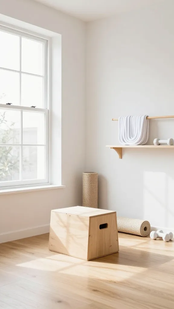 A bright and airy Scandinavian-style home gym, bathed in abundant natural light streaming through a large window. The walls are painted a crisp off-white, maximizing the room's brightness. Light oak wood flooring extends across the space. In the center, a light oak plyo box sits beside a rolled-up woven cotton yoga mat. White resistance bands are neatly coiled on a minimalist, light wood shelf mounted on the wall. A few other light-colored gym essentials, such as a set of white dumbbells, are subtly integrated into the clean design. The overall aesthetic is inviting, serene, and embodies hygge, making the space feel joyful and functional. High-quality, realistic photo, no text.