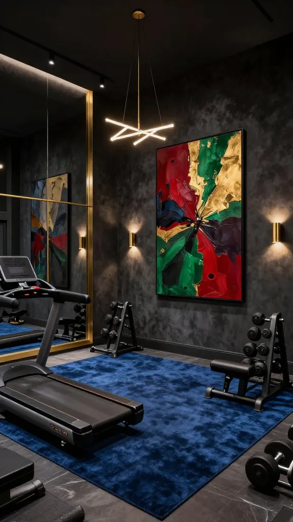 A high-angle, wide shot of a luxurious and dramatic home gym designed in a dark and moody maximalist style. The walls are painted a deep, velvety charcoal grey, creating an intimate and sophisticated atmosphere. Brushed gold metallic accents are subtly integrated through a sleek, modern chandelier hanging centrally, and the trim of a large, floor-to-ceiling mirror. A plush, dark sapphire blue area rug defines a dedicated stretching zone, adding a touch of opulent texture. High-end gym equipment, including a sleek black treadmill and a dark matte finish weight rack with black dumbbells, is strategically placed. A prominent, large abstract statement art piece with bold strokes of deep crimson, emerald green, and gold leaf is mounted on one wall, serving as a focal point. Soft, warm ambient lighting from recessed fixtures and stylish brass wall sconces casts dramatic shadows, highlighting the rich textures and metallic gleam. The overall scene exudes a sense of unconventional luxury and functional elegance. Realistic, high-quality photograph, no text.