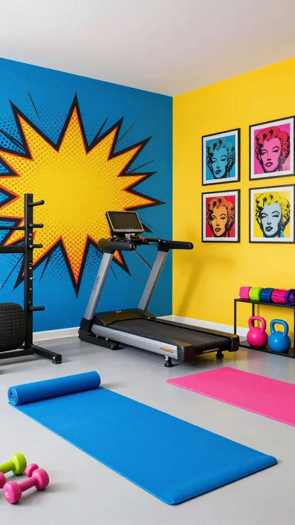 A high-quality, realistic photo of a modern home gym bursting with vibrant pop art energy. The room features a dominant accent wall painted in electric blue, adorned with a large, dynamic graphic pattern in a contrasting color, reminiscent of a Lichtenstein comic book panel. Another wall is a cheerful sunny yellow, showcasing several framed pop art prints with bold, iconic imagery. Sleek gym equipment, including a minimalist treadmill and a weight rack with brightly colored dumbbells (e.g., hot pink, lime green, electric blue), is strategically placed. A yoga mat in a vibrant color like electric blue or hot pink is rolled out, and colorful resistance bands and kettlebells add playful pops of joy on a nearby shelf. The flooring is a clean, light grey rubber mat. Abundant natural light floods the space, enhancing the vivid colors and creating an inspiring, mood-boosting atmosphere. Full shot of the room, no text on image.