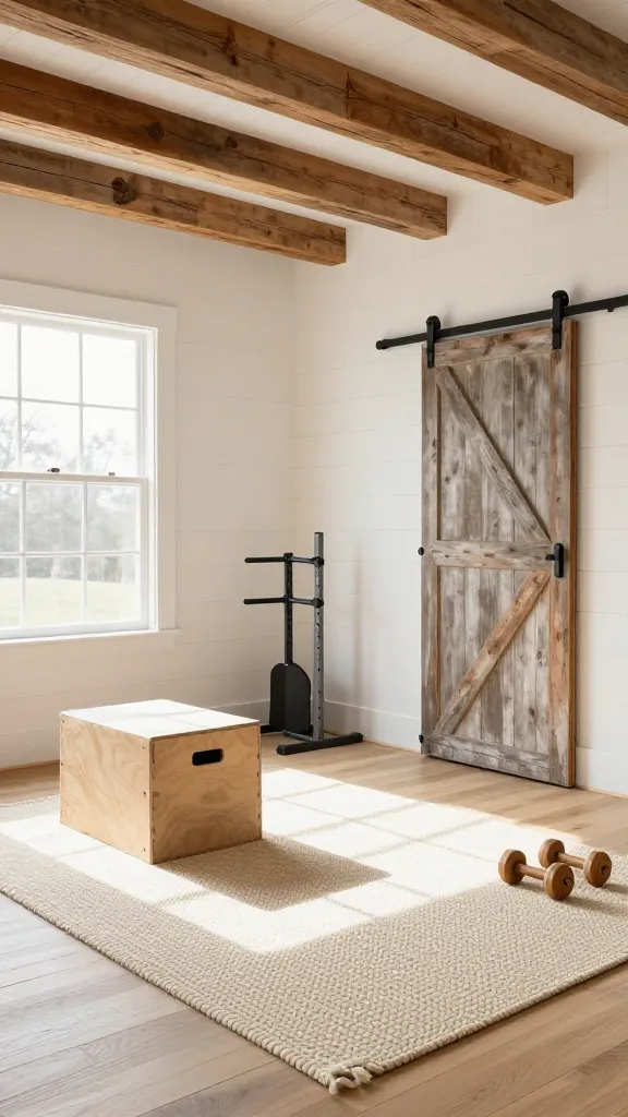 A wide, high-resolution interior photograph of a rustic farmhouse home gym. The walls are clad in crisp white shiplap, accented by warm reclaimed wood beams on the ceiling. The color palette is soft and neutral, featuring creams, warm grays, and natural wood tones. In the foreground, a cozy, braided cream-colored rug defines a stretching and yoga zone on light oak plank flooring. Fitness equipment includes a wooden plyometric box, a set of dumbbells with natural wood handles, and a vintage-style weight rack with a distressed metal finish. Sunlight streams through a large window, casting soft shadows and highlighting the textures. A set of weathered wooden barn doors, slightly ajar, serve as a stylish entrance to the inviting workout space. No text.