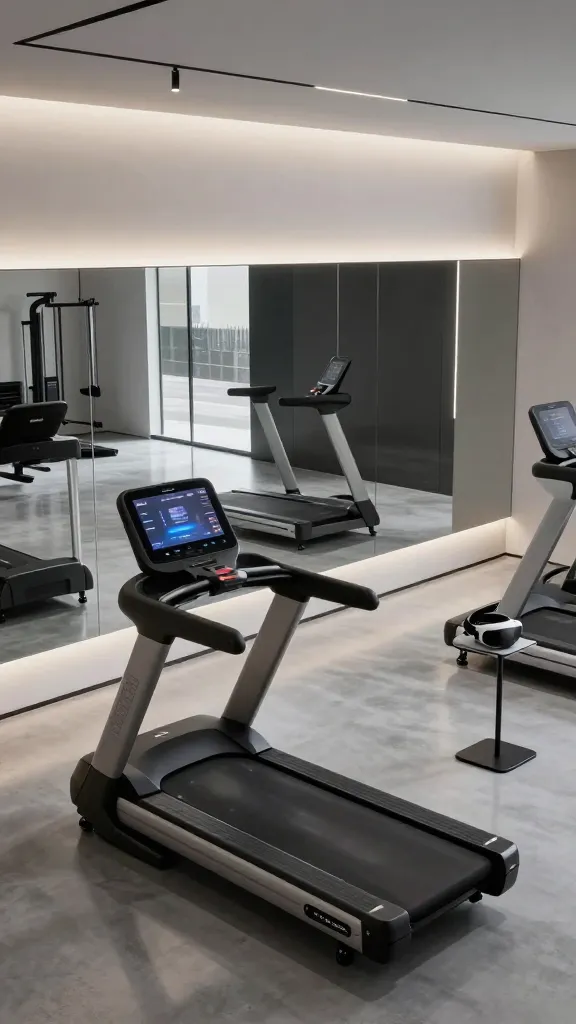 A high-angle, wide shot capturing a sleek, ultra-modern home gym designed as a futuristic tech haven. The space features a monochrome palette of sophisticated grays, deep blacks, and crisp whites, with highly reflective surfaces like polished concrete flooring and a large, integrated smart mirror spanning an entire wall. Soft, diffused LED strip lighting emanates from recessed channels along the ceiling and wall edges, creating a clean, ambient glow. In the foreground, a cutting-edge, high-tech cardio machine, such as a treadmill with a large, integrated touchscreen display, stands prominently. Nearby, a minimalist stand holds a sleek virtual reality fitness headset. The room is immaculate and minimalist, showcasing clean lines, premium materials, and advanced technology, with no clutter or visible text.