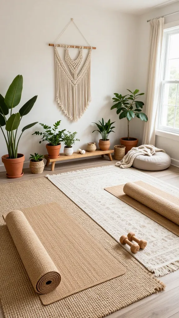A high-angle, wide shot capturing a serene and stylish boho chic home gym. Natural light floods the space, illuminating a harmonious blend of creamy white walls, sage green accents, and terracotta tones. The floor features layered rugs: a large, textured jute rug serving as the base, topped with a smaller, soft wool rug in an off-white or muted earthy pattern. Several yoga mats made of natural fibers (jute, cork) are neatly rolled and placed on the rugs, alongside a small, aesthetically pleasing set of light wooden dumbbells. A prominent, intricate macrame wall hanging adorns a central wall, adding a focal point. Lush potted plants in terracotta and woven planters are strategically placed in corners and on a low, natural wood shelf, bringing life and freshness. Soft, textured throws are draped over a large, round floor cushion near a window, inviting relaxation. Woven baskets provide subtle storage, maintaining the uncluttered, free-spirited aesthetic. The overall ambiance is calm, inviting, and functional, perfect for a wellness retreat. Ultra-realistic, high-resolution interior photography, no text.