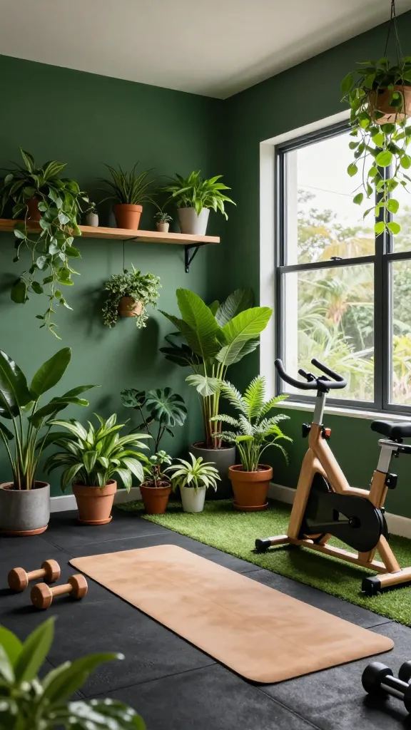 A high-quality, realistic photo of a modern home gym room designed as an "Urban Jungle Gym." The walls are painted a deep forest green, creating a lush backdrop. The flooring consists of dark rubber matting, with a distinct section of realistic faux grass mat positioned near a large window. The room is overflowing with an abundance of lush, vibrant potted plants of various sizes and species, strategically placed on shelves, hanging from the ceiling, and arranged on the floor, creating an invigorating, oxygen-rich environment. Minimalist gym equipment, such as dumbbells with natural wood handles, a yoga mat in an earthy tone, and an exercise bike with a natural wood finish, blends seamlessly into the natural setting. Natural light streams in from the window, highlighting the rich textures of the plants and materials.