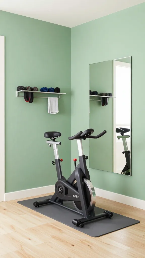 A vibrant, inviting sage green accent wall visually defines a compact, functional home gym nook in a bright, modern room corner. A sleek, foldable exercise bike is positioned on a dark grey interlocking gym mat, with wall-mounted resistance band anchors neatly installed above it. A large, frameless rectangular mirror is flush-mounted on the adjacent wall, reflecting the space and making it feel larger. A slim, wall-mounted shelf above the mirror holds neatly rolled resistance bands and a small hand towel, ensuring the light wood floor surrounding the mat remains completely clear. Bright natural light illuminates the scene, highlighting the clean, minimalist design. High-resolution, realistic photo, no text.