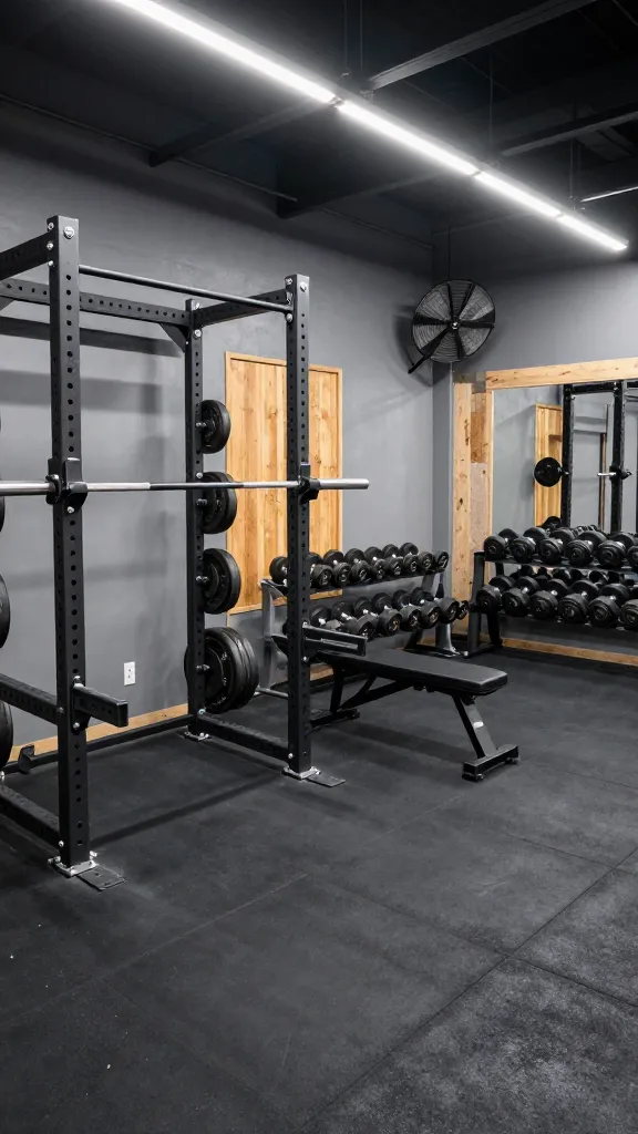 A wide-angle, high-resolution photo capturing a transformed, underutilized garage converted into a rugged, heavy-duty home gym. The entire floor is covered with seamless, durable black rubber matting. The walls feature a practical industrial gray paint finish, with strategically placed sections revealing exposed wooden studs and raw concrete for a gritty aesthetic. In the foreground, a robust black heavy-duty power rack stands prominently, equipped with a barbell and numerous weight plates. Beside it, a sturdy adjustable utility bench is positioned. Along one wall, a multi-tiered rack holds a wide array of chrome and black dumbbells, neatly organized by weight. Bright, cool-toned LED strip lighting illuminates the space from the ceiling, ensuring excellent visibility and safety. A large, industrial-style wall-mounted fan is visible in the background, hinting at air circulation. The scene is clean, functional, and ready for intense workouts, with no text or logos visible.