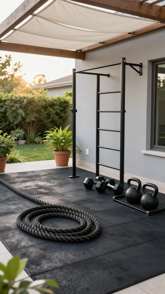 A high-angle, wide shot of a modern outdoor home gym setup on a spacious patio. The patio features interlocking black rubber tiles as flooring. In the foreground, a neatly coiled thick battle rope rests beside a set of black cast iron dumbbells and kettlebells organized on a low, weather-resistant metal rack. A sturdy, matte black pull-up bar is securely anchored to the light grey exterior wall of the contemporary house. Overhead, a sleek wooden pergola with a retractable white fabric canopy provides ample shade. Lush green potted plants and natural landscaping frame the patio, with soft morning sunlight filtering through, creating an invigorating atmosphere. The scene is clean, functional, and inviting, with no people present. Realistic, high-quality photography, natural light.