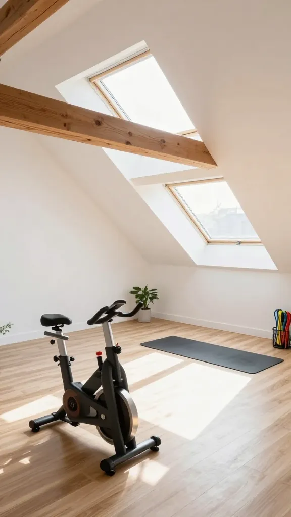 High-angle, wide shot of a bright and inspiring home gym nestled in a converted attic. The space features prominent sloped ceilings with exposed light wooden beams that add character. Large, modern skylights flood the room with abundant natural light, creating an airy atmosphere. Walls are painted a crisp, bright white, making the space feel open and expanded. The floor is covered with light wood laminate, reflecting the natural light. In the foreground, a sleek, modern stationary bike is positioned, while a comfortable yoga mat is unrolled nearby. Resistance bands are neatly coiled in a small basket. A minimalist aesthetic prevails, with a small potted plant adding a touch of greenery. The overall impression is a functional, cozy, and well-designed fitness retreat. High resolution, realistic photography, no text.