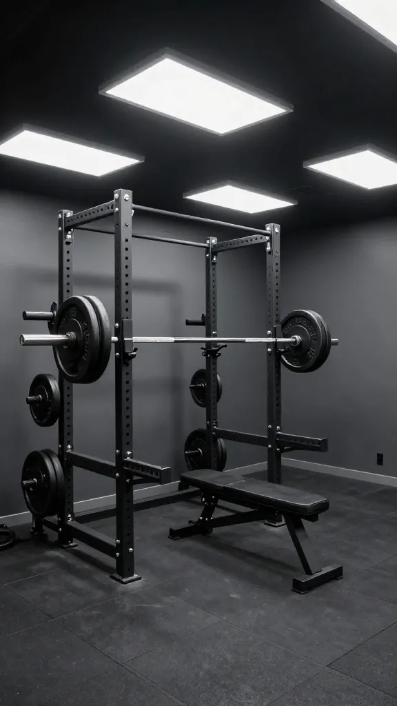 A high-angle, wide shot of an intense, meticulously designed home gym in a basement, showcasing a "beast mode bunker" aesthetic. The entire floor is covered with heavy-duty, dark grey rubber interlocking gym mats. The walls are painted a deep, matte charcoal grey, creating a focused and slightly industrial atmosphere. Bright, cool-toned rectangular LED panel lights are flush-mounted in the ceiling, casting powerful, even illumination across the space, compensating for the lack of natural light. In the foreground and center, a robust black steel power rack stands prominently, equipped with a gleaming chrome barbell loaded with several large, black weight plates. A matching black adjustable weight bench is positioned within the rack. The scene conveys durability and extreme functionality. Realistic, high-quality photo, sharp focus, professional interior photography.