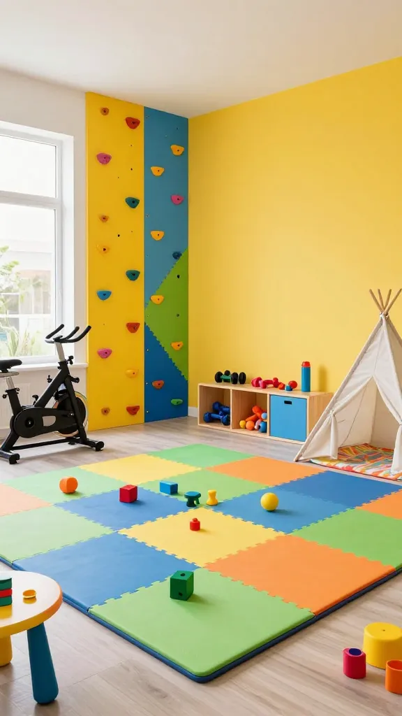 High-resolution, realistic photo of a vibrant and functional home gym seamlessly integrated into a cheerful kids' playroom. The room features a bright, optimistic color palette of sunny yellow walls, sky blue accents, and lime green details, with pops of orange and pink in accessories. A prominent feature is a floor-to-ceiling colorful climbing wall with multi-sized, brightly colored holds, designed for both children's play and adult grip strength training. A large, thick, soft foam mat in a cheerful geometric pattern covers the central floor area, serving as both a yoga/workout surface and a safe play zone with colorful building blocks scattered on it. Adult fitness equipment like a sleek, compact spinning bike is neatly tucked into one corner, and a set of adjustable dumbbells is stored within a stylish, low-profile modular storage unit. Alongside, child-friendly elements include a cozy teepee tent and a small, colorful art table. Modular storage units in light wood with bright, organized bins line a wall, holding both toys and small fitness accessories. Abundant natural light streams in from a large window, enhancing the inviting and versatile atmosphere. Professional interior photography, wide-angle shot, no people, no text on images.