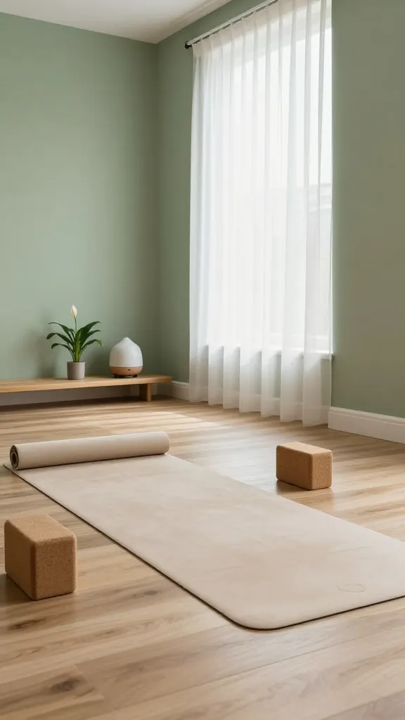 A professional, high-resolution photograph capturing a tranquil and dedicated yoga and Pilates studio, designed as a serene sanctuary within a modern home gym. The space features walls painted in a calming muted sage green, complemented by warm, light-toned natural wood flooring. A large, high-quality, unrolled light beige yoga mat is positioned centrally, ready for use, with a natural cork yoga block and a folded meditation cushion nearby. Soft, diffused natural light gently illuminates the room, streaming in from a large, sheer-curtained window, creating a serene glow. A minimalist, ceramic aromatherapy diffuser subtly rests on a small, low wooden shelf, accompanied by a small, elegant potted peace lily. The scene evokes a sense of calm, comfort, and mindful well-being. No people, no text.