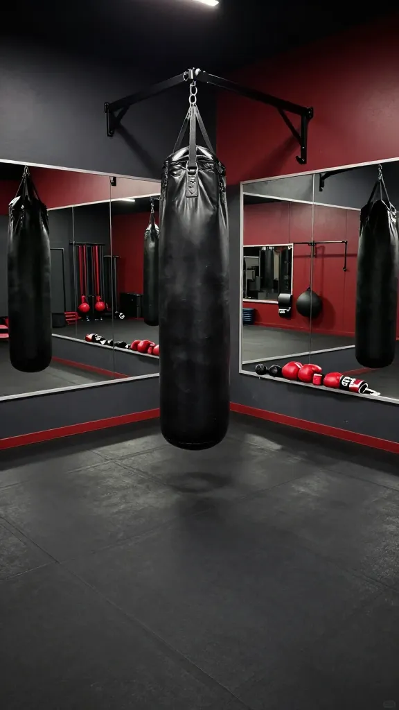 High-quality, realistic photo of a dedicated home boxing and MMA gym room. The walls are painted in a dark, matte industrial gray, with one accent wall in a deep, rich red. The floor is covered in seamless, heavy-duty black rubber matting. Central to the room, a robust ceiling-mounted bag stand supports a large, black leather heavy bag and a smaller, taut speed bag. Expansive, frameless mirrors line one wall, reflecting the training equipment and enhancing the room's depth. A pair of red boxing gloves, hand wraps, and focus mitts are neatly arranged on a minimalist shelf or hanging nearby. The lighting is functional and focused, creating a powerful, intense atmosphere ready for combat training.