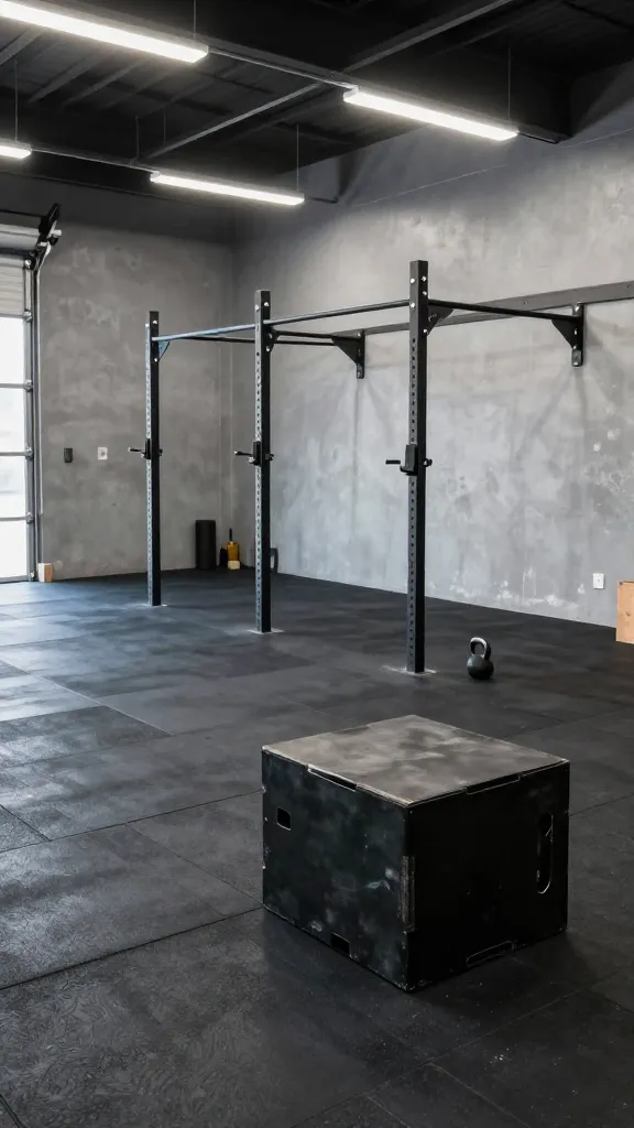A high-quality, wide-angle photograph of a functional CrossFit garage box. The spacious garage is transformed into a home gym with thick, dark rubber horse stall mats covering the entire floor, showing subtle texture. The walls are a simple, industrial grey, with some exposed concrete elements visible, giving an authentic garage feel. A robust, black metal squat rack with integrated pull-up bars stands prominently as the centerpiece, positioned to allow ample open floor space around it for dynamic movements. The rig is well-maintained and looks durable. Overhead, bright, functional LED lighting illuminates the space evenly. A single kettlebell rests neatly near the base of the rack. The overall atmosphere is clean, organized, and ready for high-intensity workouts, showcasing versatility and durability. Sharp focus, detailed textures.